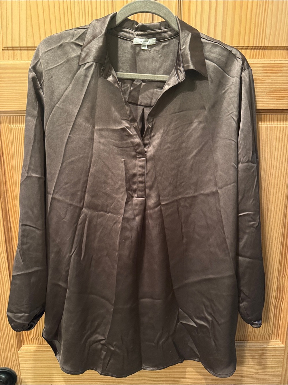 Pleione Satin-Look Long Sleeve Blouse in Dark Brown